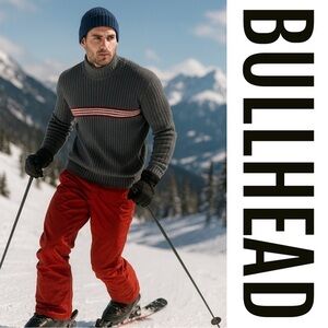 Bullhead Ribbed Mock Neck Sweater XL – Gray Knit with Red/White Stripe